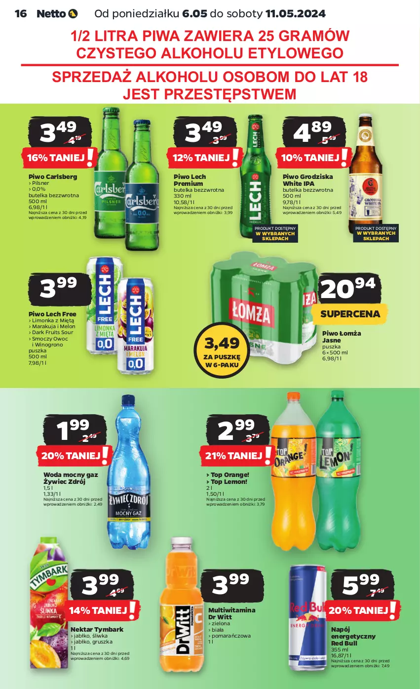 Gazetka promocyjna Netto - Od Poniedziałku - ważna 06.05 do 11.05.2024 - strona 16 - produkty: Carlsberg, Gra, Lech Premium, Limonka, Melon, Napój, Napój energetyczny, Nektar, Piwa, Piwo, Red Bull, Top, Tymbark, Wino, Woda