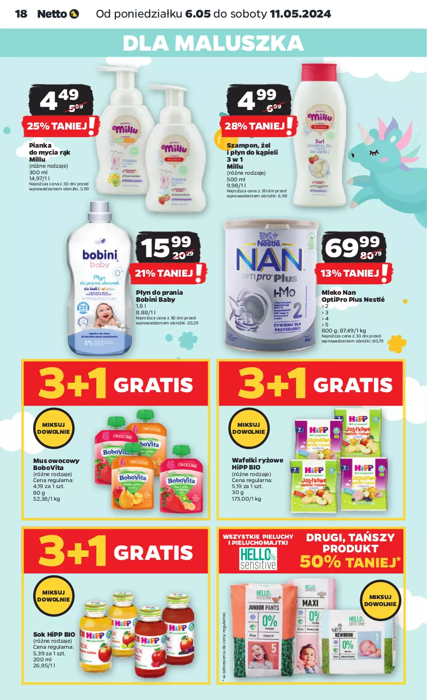 Gazetka promocyjna Netto - Od Poniedziałku - ważna 06.05 do 11.05.2024 - strona 18 - produkty: BoboVita, Gra, HiPP, Hipp Bio, Majtki, Mleko, Mus, NAN Optipro, Nestlé, Pieluchomajtki, Pieluchy, Płyn do kąpieli, Płyn do prania, Ryż, Sok, Szampon