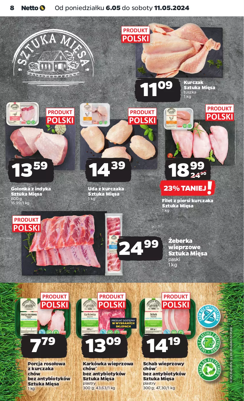 Gazetka promocyjna Netto - Od Poniedziałku - ważna 06.05 do 11.05.2024 - strona 8 - produkty: Filet z piersi kurczaka, Golonka z indyka, Karkówka wieprzowa, Kurczak, Por, Schab wieprzowy, Tusz