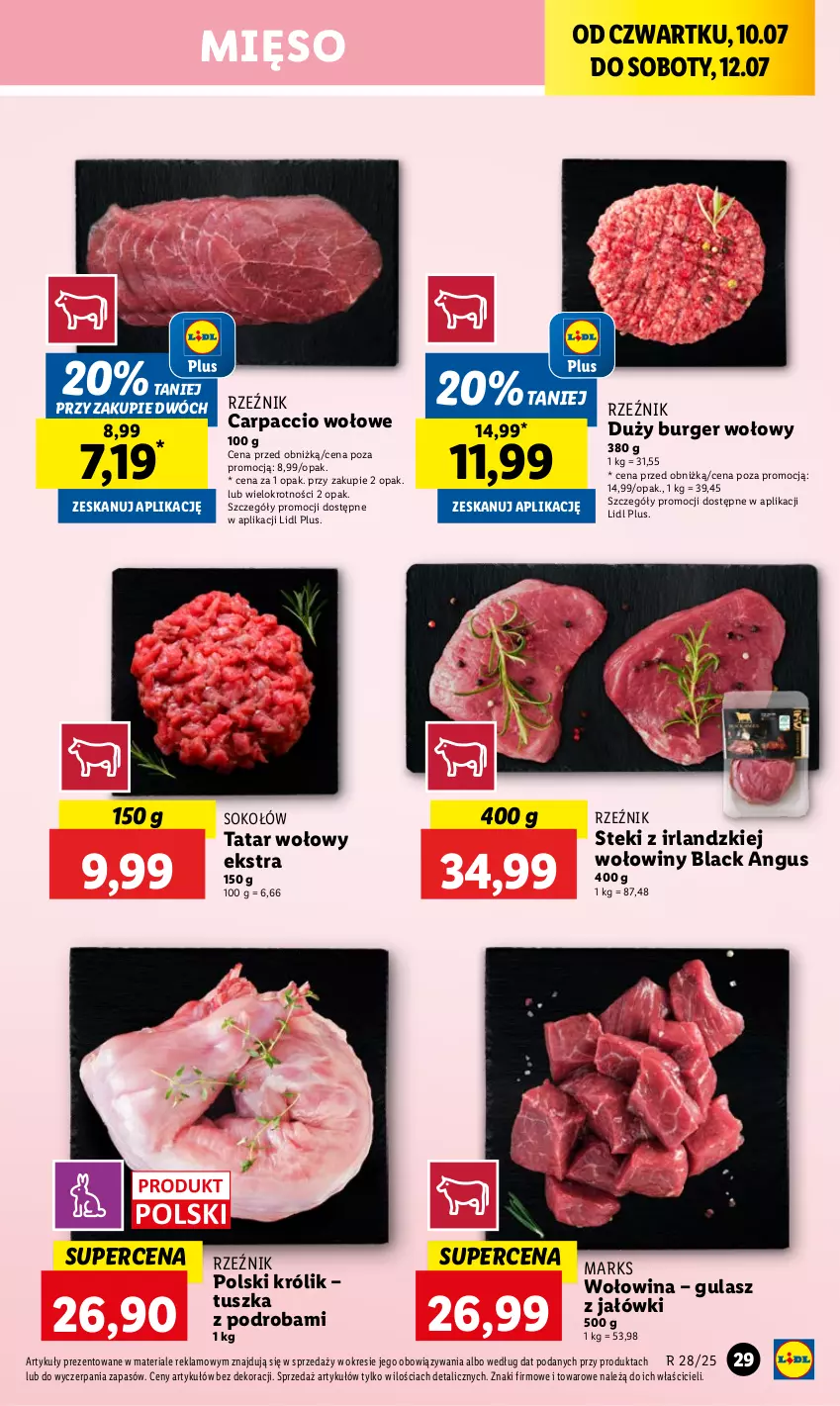 Gazetka promocyjna Lidl - GAZETKA - ważna 10.07 do 12.07.2025 - strona 37 - produkty: Burger, Carpaccio, Królik, Lack, Mięso, Sok, Sokołów, Stek, Tatar wołowy, Tusz, Wołowina