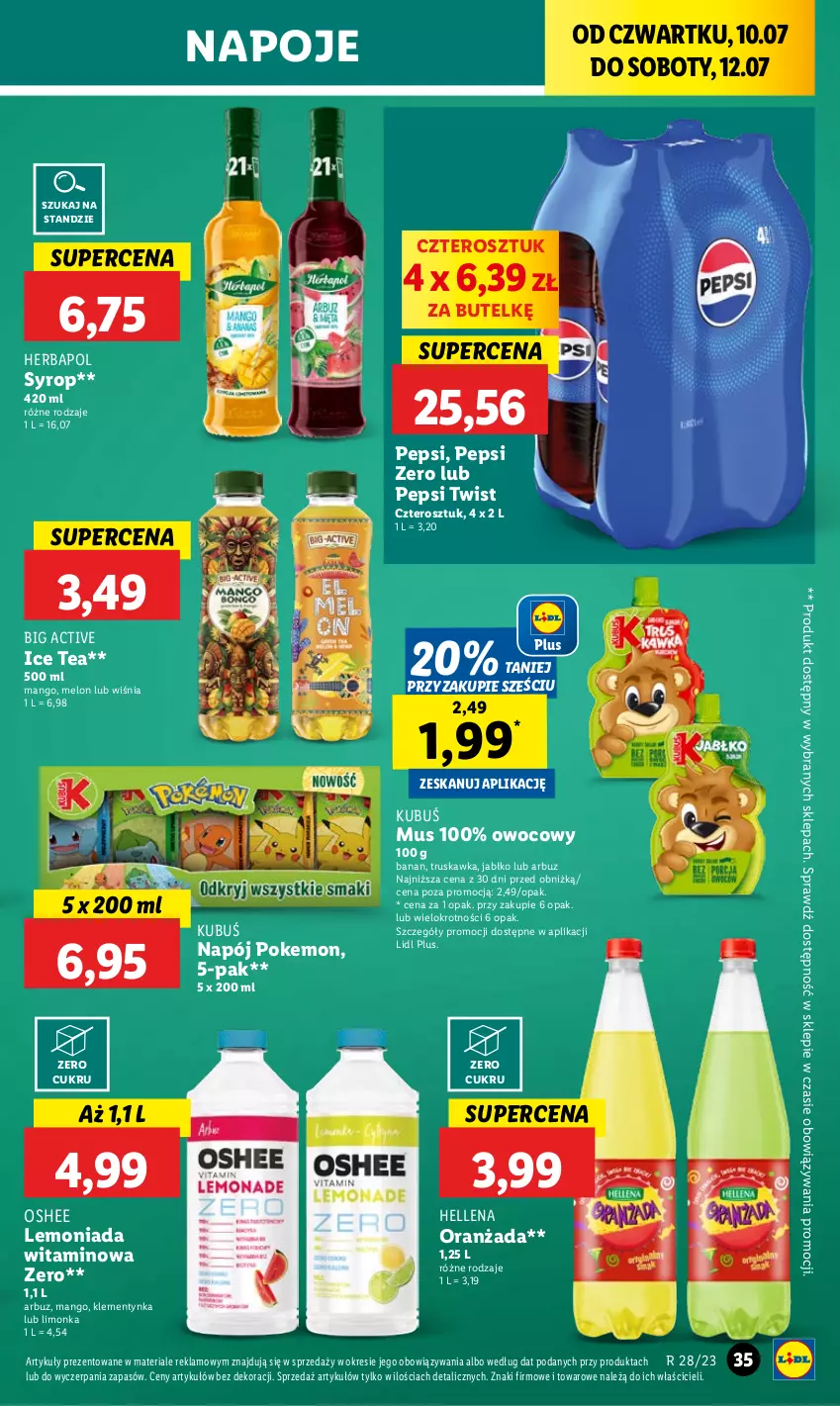 Gazetka promocyjna Lidl - GAZETKA - ważna 10.07 do 12.07.2025 - strona 43 - produkty: Arbuz, Hellena, Herbapol, Ice tea, Kubuś, Lemoniada, Limonka, Mango, Melon, Mus, Napój, Napoje, Oranżada, Oshee, Pepsi, Syrop