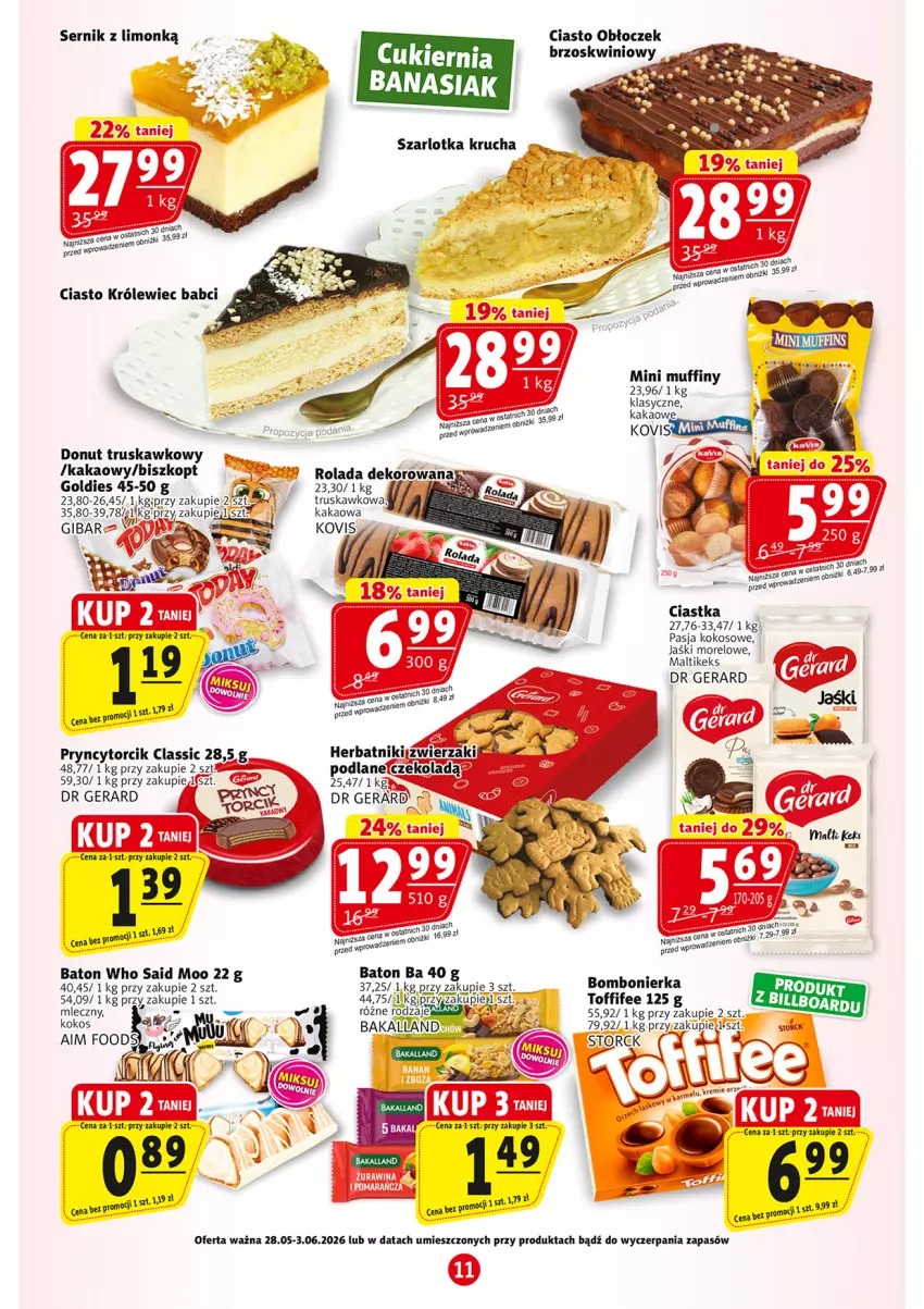 Gazetka promocyjna Prim Market - ważna 28.05 do 04.06.2026 - strona 11 - produkty: Baton, Ciastka, Cukier, Donut, Dr Gerard, Gra, Herbatniki, Kakao, Kokos, Muffiny, Ser, Szarlotka, Toffifee