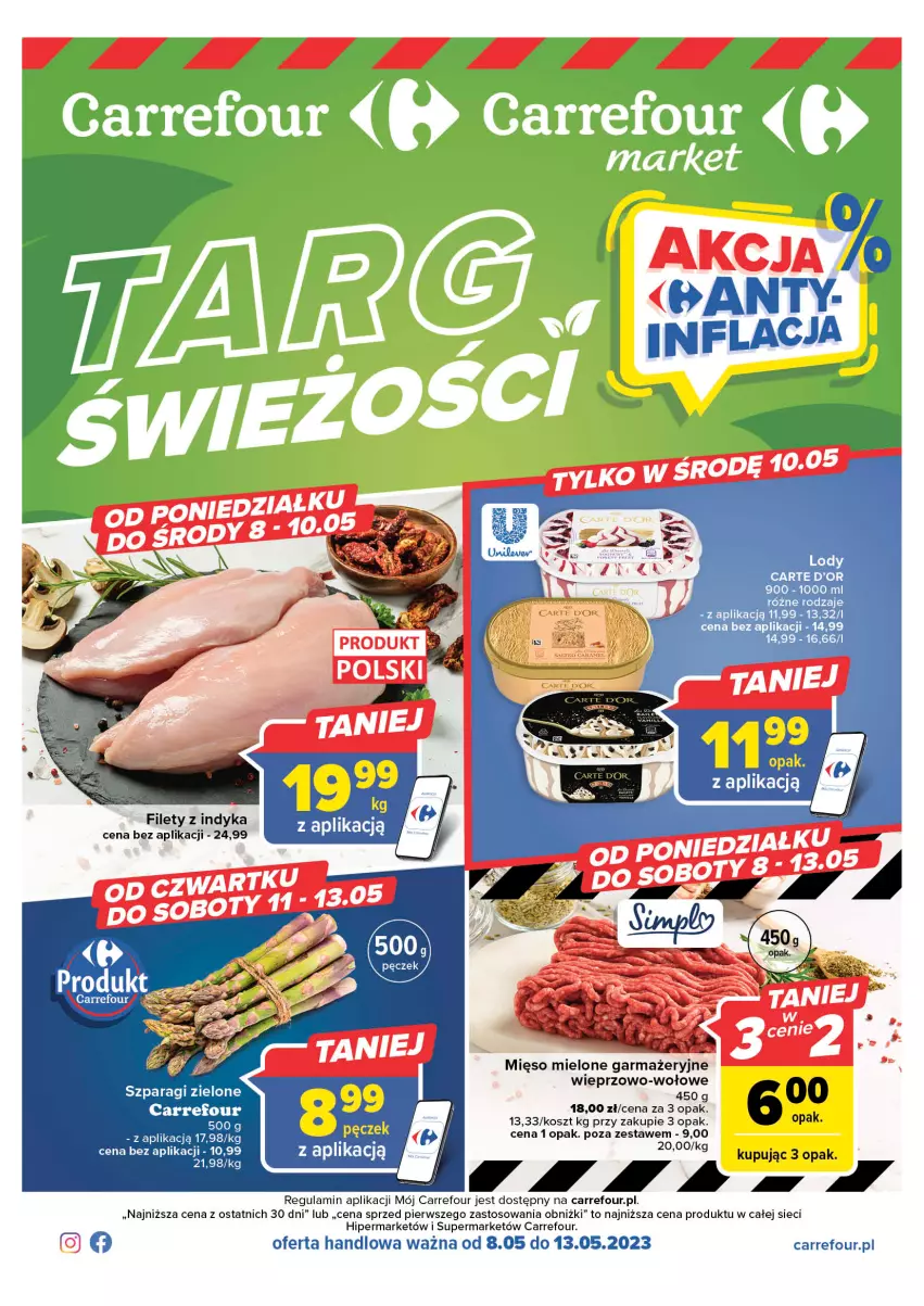 Gazetka promocyjna Carrefour - Gazetka Targ świeżości - ważna 08.05 do 13.05.2023 - strona 1 - produkty: Carte d'Or, Kosz, Mięso, Mięso mielone