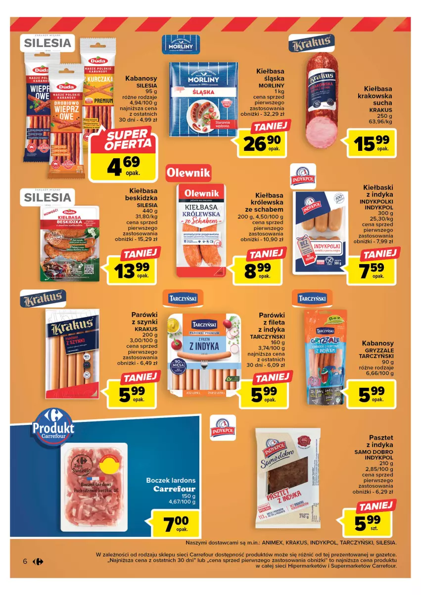 Gazetka promocyjna Carrefour - Gazetka Targ świeżości - ważna 08.05 do 13.05.2023 - strona 6 - produkty: Boczek, Gry, Kabanos, Kiełbasa, Krakus, Morliny, Parówki, Pasztet, Pasztet z indyka, Tarczyński