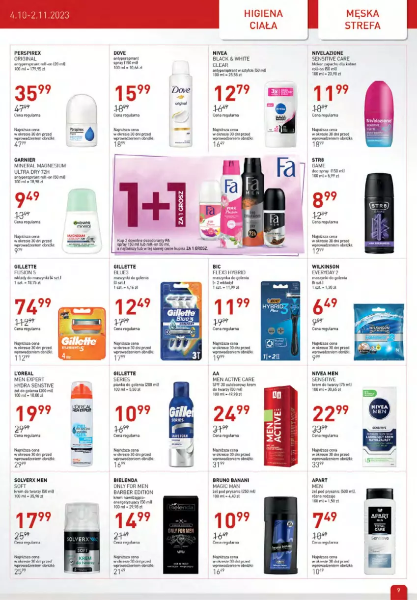 Gazetka promocyjna Drogerie Jawa - ważna 04.10 do 02.11.2023 - strona 9 - produkty: Antyperspirant, BIC, Bielenda, Bruno Banani, Dove, Fa, Fusion, Garnier, Gillette, Gin, Krem do twarzy, Lack, Maszynka, Maszynka do golenia, Nivea, Nivea Men, Nivelazione, Obraz, Pianka do golenia, Ser, Str8, Szynka