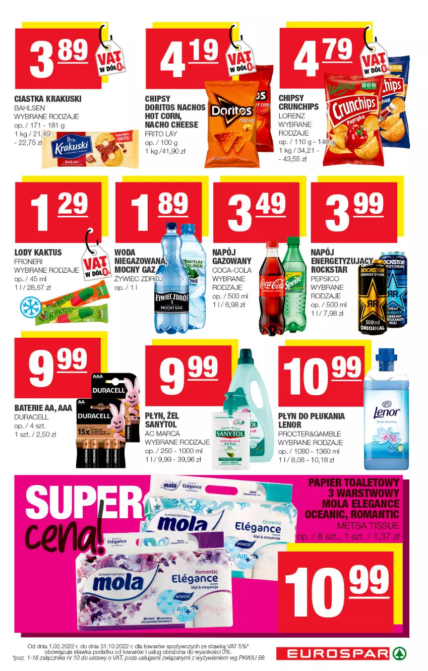 Gazetka promocyjna Spar - EuroSpar - ważna 28.08 do 07.09.2022 - strona 13 - produkty: Chipsy, Ciastka, Coca-Cola, Duracell, Gin, Kaktus, Krakus, Krakuski, Lenor, Lody, Lorenz, Mola, Papier, Papier toaletowy, Pepsi, Płyn do płukania, Sok