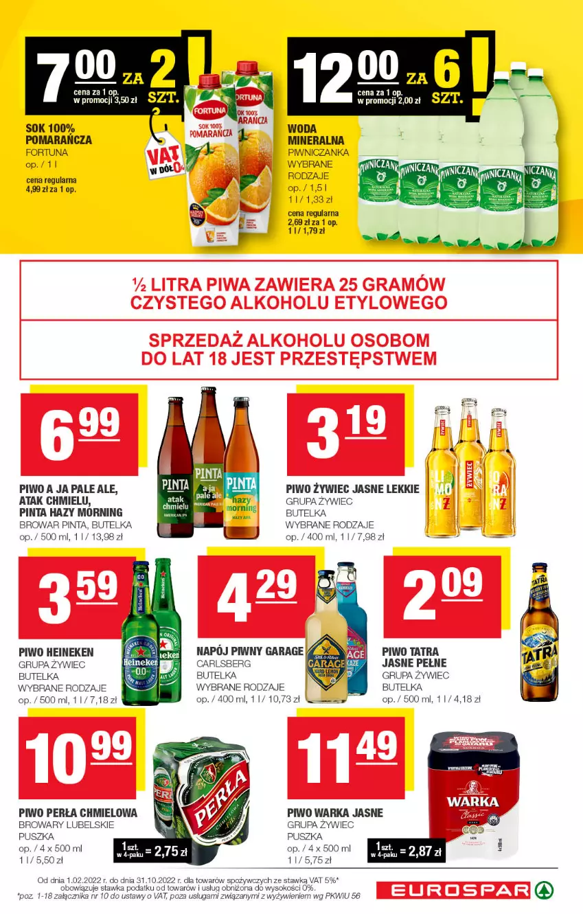 Gazetka promocyjna Spar - EuroSpar - ważna 28.08 do 07.09.2022 - strona 15 - produkty: Carlsberg, Fortuna, Heineken, Perła, Piwo, Sok, Tatra, Warka, Woda