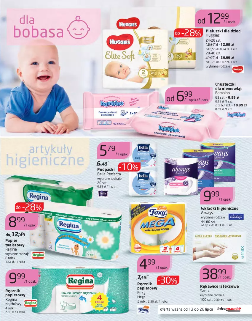 Gazetka promocyjna Intermarche - Chemia - ważna 13.07 do 26.07.2021 - strona 7 - produkty: Always, Bell, Bella, Chusteczki, Dzieci, Foxy, Gin, Huggies, Papier, Papier toaletowy, Perfecta, Podpaski, Ręcznik, Rękawice, Rękawice lateksowe, Rolki, Wkładki