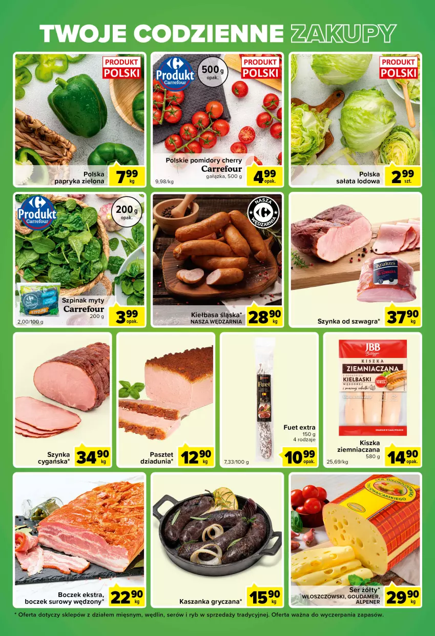 Gazetka promocyjna Carrefour - Gazetka Express - ważna 21.06 do 27.06.2022 - strona 5 - produkty: Boczek, Gouda, Gra, Gry, Kasza, Kaszanka, Kiełbasa, Kiełbasa śląska, Papryka, Pasztet, Pomidory, Sałat, Sałata lodowa, Ser, Szpinak, Szynka, Włoszczowski