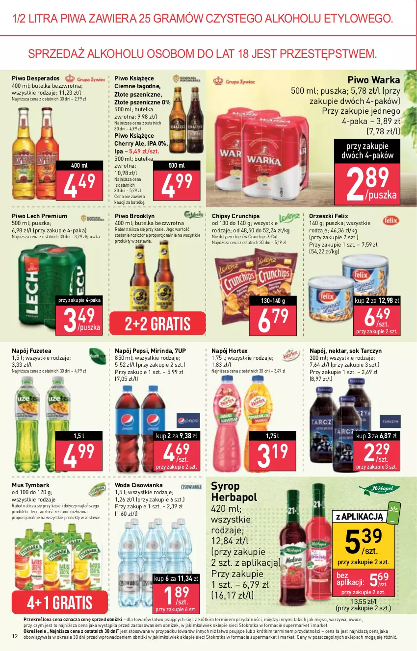 Gazetka promocyjna Stokrotka - Market - ważna 28.09 do 04.10.2023 - strona 13 - produkty: 7up, Chipsy, Cisowianka, Crunchips, Desperados, Felix, Gra, Herbapol, Hortex, Książęce, Lech Premium, Mięso, Mirinda, Mus, Napój, Nektar, Orzeszki, Owoce, Pepsi, Piwa, Piwo, Por, Sok, Syrop, Tymbark, Warka, Warzywa, Woda