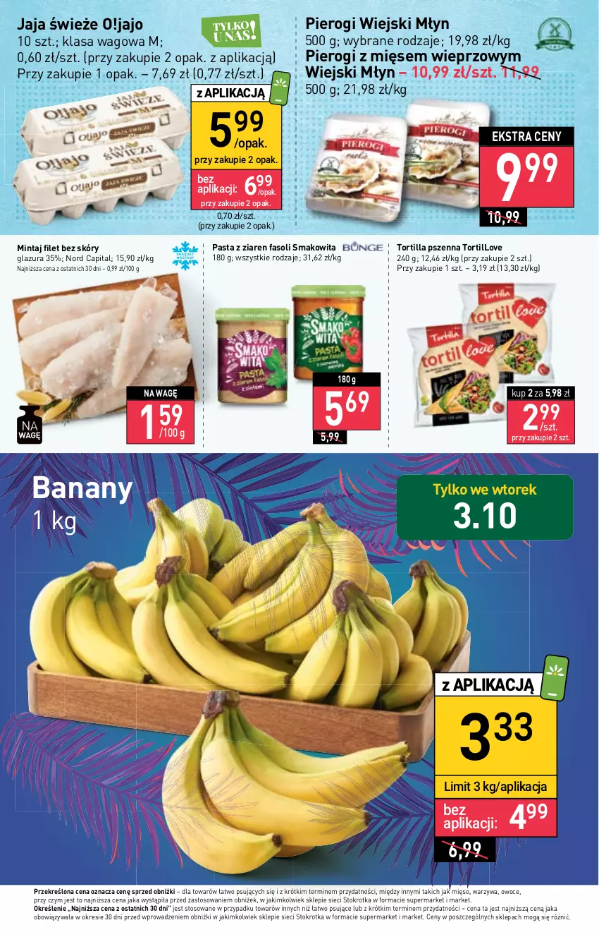 Gazetka promocyjna Stokrotka - Market - ważna 28.09 do 04.10.2023 - strona 5 - produkty: Banany, Fa, Glazura, Jaja, Lazur, Mięso, Mintaj, Owoce, Pierogi, Smakowita, Tortilla, Warzywa