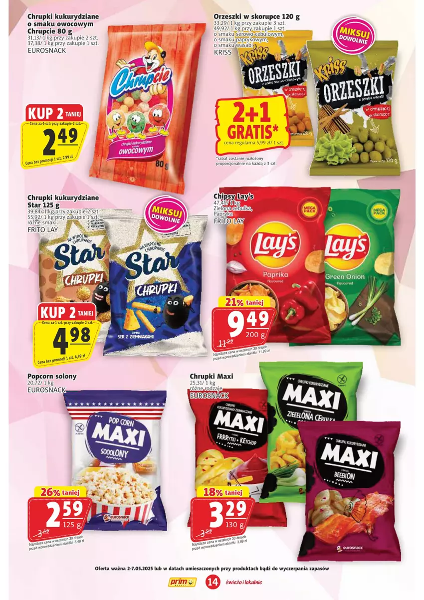 Gazetka promocyjna Prim Market - ważna 02.05 do 07.05.2025 - strona 14 - produkty: Chrupki, Orzeszki, Orzeszki w skorupce, Papryka, Popcorn, Por, Ser, Wasa