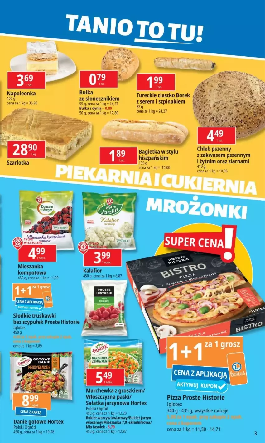 Gazetka promocyjna E Leclerc - ważna 12.11 do 18.11.2024 - strona 14 - produkty: Bagietka, Bukiet, Bukiet warzyw, Bułka, Chleb, Danie gotowe, Dynią, Fa, Hortex, Kalafior, Leon, Marchewka, Mieszanka kompotowa, Ogród, Oleo, Pizza, Sałat, Sałatka, Ser, Szarlotka, Szpinak, Truskawki