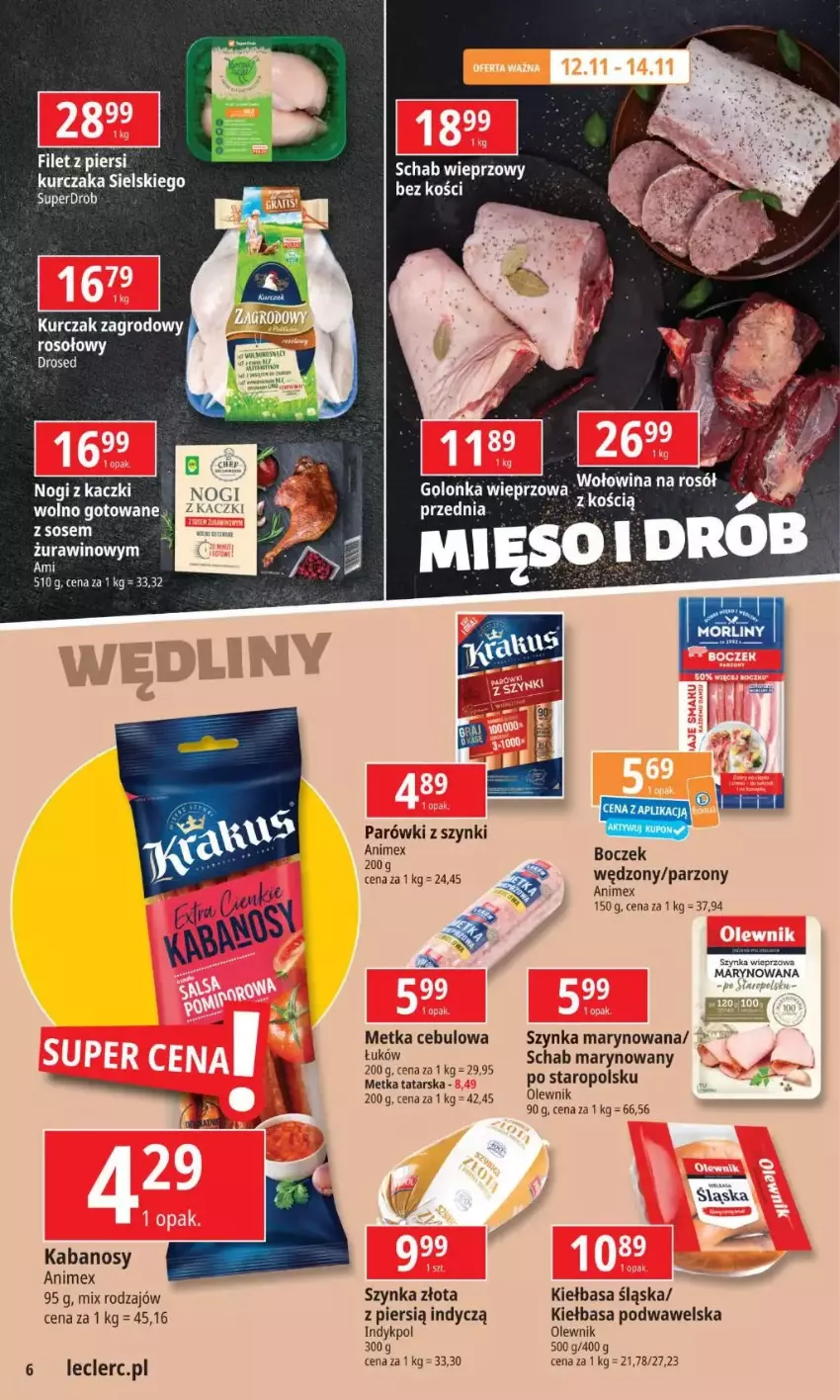 Gazetka promocyjna E Leclerc - ważna 12.11 do 18.11.2024 - strona 16 - produkty: Boczek, Fa, Golonka wieprzowa, Kabanos, Kiełbasa, Kiełbasa podwawelska, Kiełbasa śląska, Kurczak, LG, Metka tatarska, Olewnik, Parówki, Parówki z szynki, Szynka, Szynka wieprzowa, Wawel, Wino