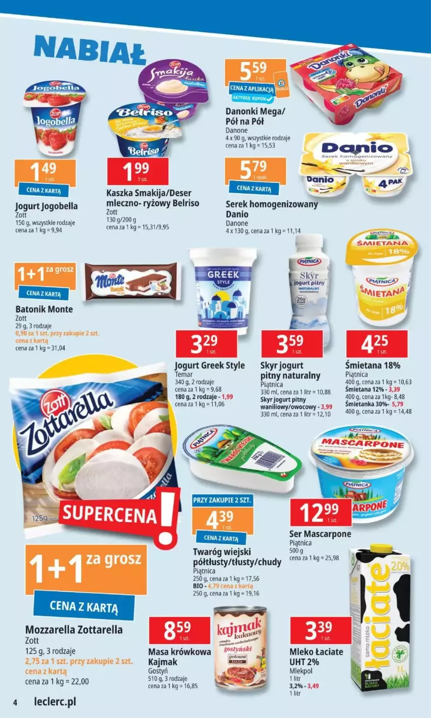 Gazetka promocyjna E Leclerc - ważna 12.11 do 18.11.2024 - strona 2 - produkty: Baton, Bell, Bella, Belriso, Danone, Danonki, Deser, Fa, Jogobella, Jogurt, Masa krówkowa, Mascarpone, Mleko, Monte, Mozzarella, Piątnica, Ryż, Ser, Serek, Serek homogenizowany, Smakija, Tonik, Twaróg, Zott, Zottarella