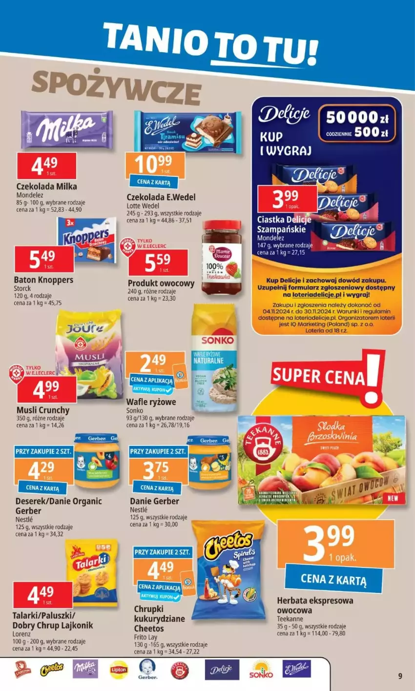 Gazetka promocyjna E Leclerc - ważna 12.11 do 18.11.2024 - strona 4 - produkty: Baton, Cheetos, Chrupki, Czekolada, Delicje, Deser, Gerber, Gra, Herbata, Knoppers, Lajkonik, Lorenz, Milka, Mus, Ryż, Ser, Serek, Teekanne, Wafle