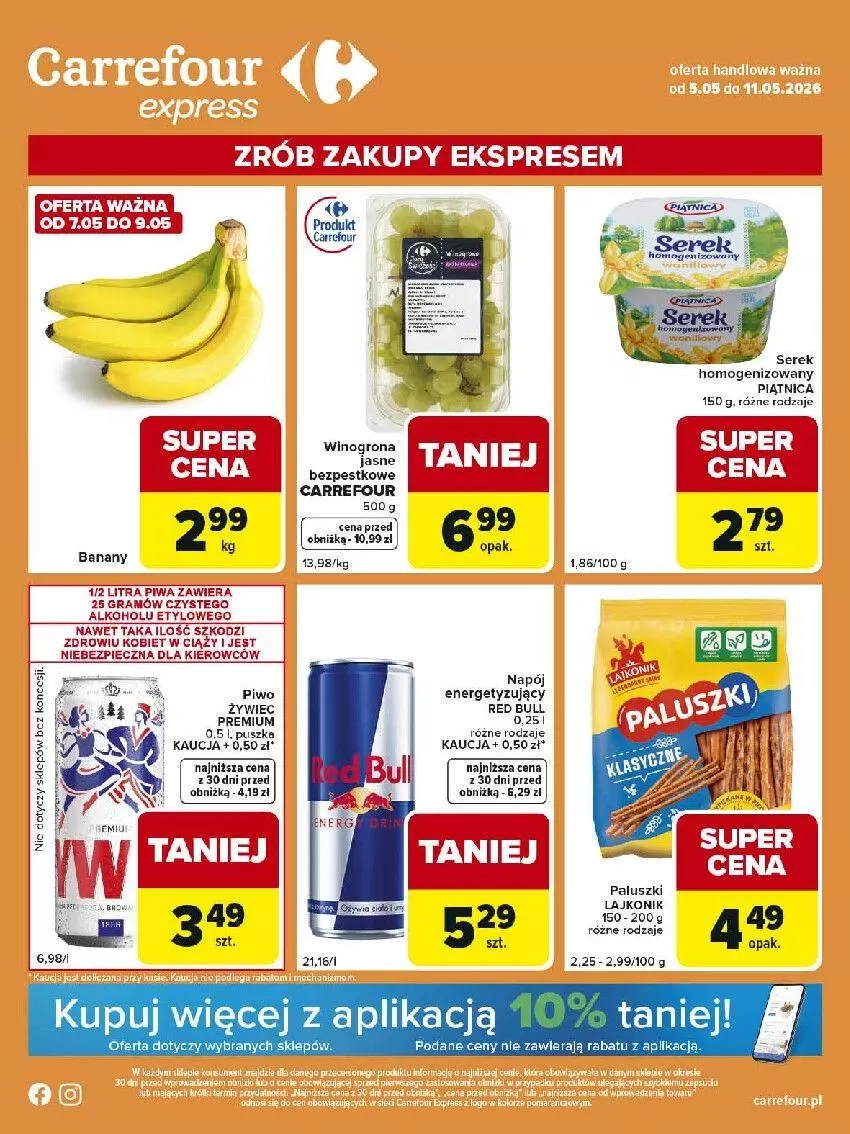 Gazetka promocyjna Carrefour - Gazetka Express - ważna 05.05 do 11.05.2026 - strona 1 - produkty: Banany, Fa, Gra, Napój, Piątnica, Piec, Piwa, Red Bull, Ser, Serek, Serek homogenizowany, Wino, Winogrona