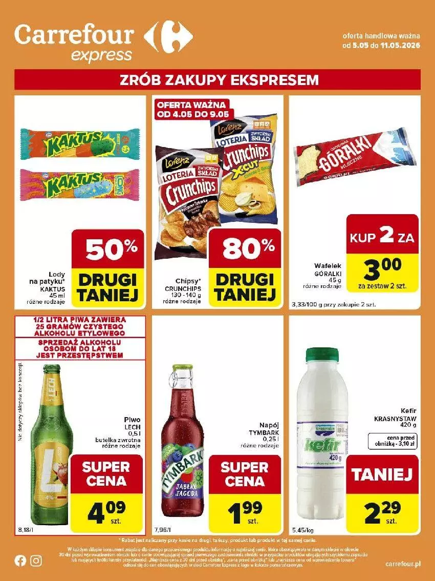Gazetka promocyjna Carrefour - Gazetka Express - ważna 05.05 do 11.05.2026 - strona 2 - produkty: Chipsy, Góralki, Gra, Kefir, Lody, Napój, Piwa, Piwo, Tymbark, Wafelek