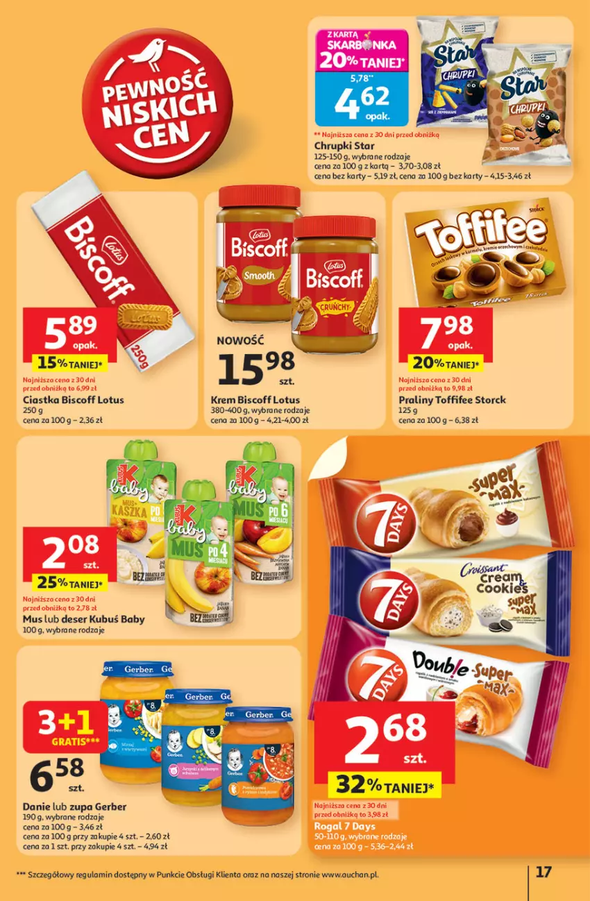 Gazetka promocyjna Auchan - Pewność niskich cen Hipermarket - ważna 24.07 do 30.07.2025 - strona 17 - produkty: Chrupki, Ciastka, Deser, Gerber, Gra, Kubuś, Mus, Praliny, Ser, Toffifee, Zupa