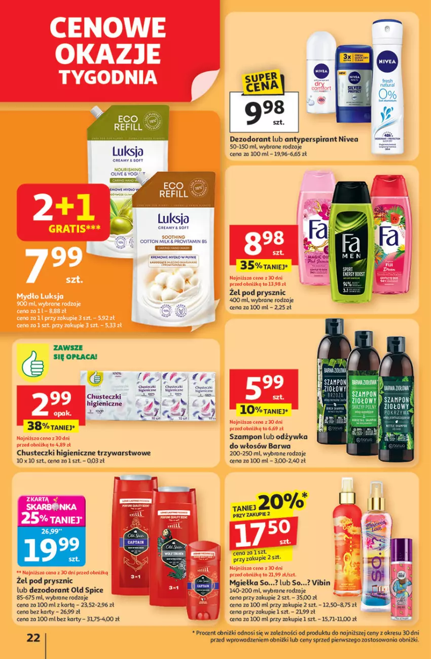 Gazetka promocyjna Auchan - Pewność niskich cen Hipermarket - ważna 24.07 do 30.07.2025 - strona 22 - produkty: Antyperspirant, Chusteczki, Dezodorant, LG, Luksja, Mydło, Mydło w płynie, Nivea, Odżywka, Old Spice, Szampon