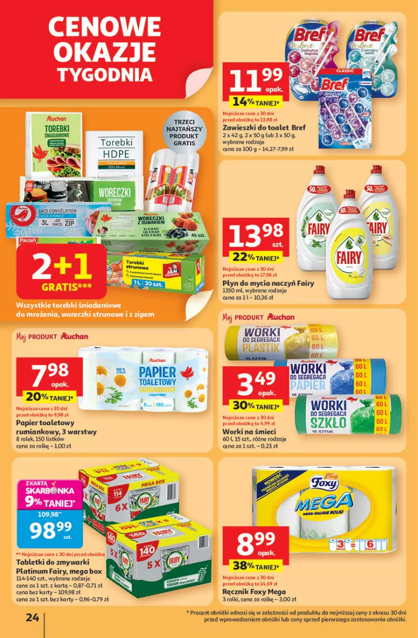 Gazetka promocyjna Auchan - Pewność niskich cen Hipermarket - ważna 24.07 do 30.07.2025 - strona 24 - produkty: Bref, Danio, Do mycia naczyń, Fa, Fairy, Foxy, Gra, Papier, Płyn do mycia, Płyn do mycia naczyń, Ręcznik, Rolki, Rum, Tablet, Tabletki do zmywarki, Worki na śmiec, Worki na śmieci, Zawieszki, Zmywarki