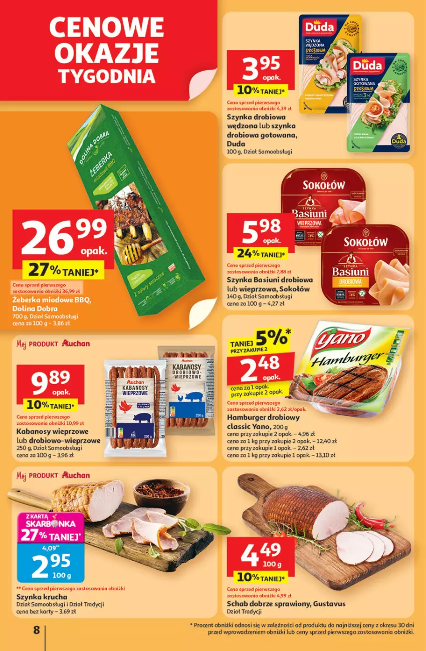 Gazetka promocyjna Auchan - Pewność niskich cen Hipermarket - ważna 24.07 do 30.07.2025 - strona 8 - produkty: Burger, Duda, Hamburger, Kabanos, Sok, Sokołów, Szynka