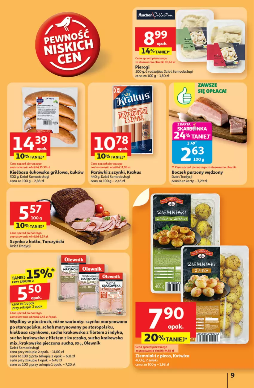 Gazetka promocyjna Auchan - Pewność niskich cen Hipermarket - ważna 24.07 do 30.07.2025 - strona 9 - produkty: Boczek, Grill, Kiełbasa, Krakus, Kurczak, Olewnik, Parówki, Parówki z szynki, Piec, Pierogi, Szynka, Tarczyński, Ziemniaki