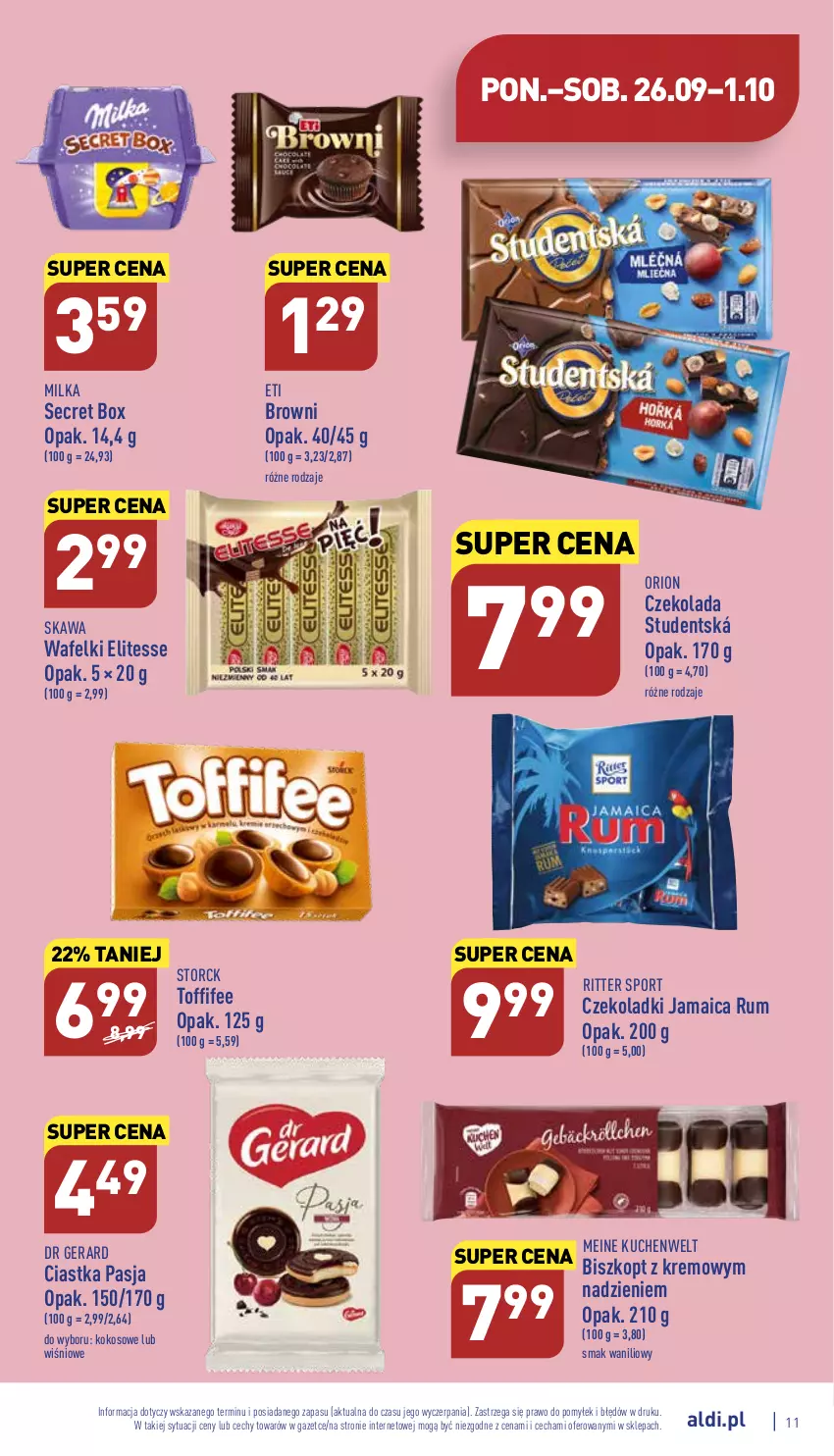 Gazetka promocyjna Aldi - Pełny katalog - ważna 26.09 do 01.10.2022 - strona 11 - produkty: Ciastka, Czekolada, Dr Gerard, Kawa, Kokos, Milka, Por, Ritter Sport, Rum, Sport, Toffifee