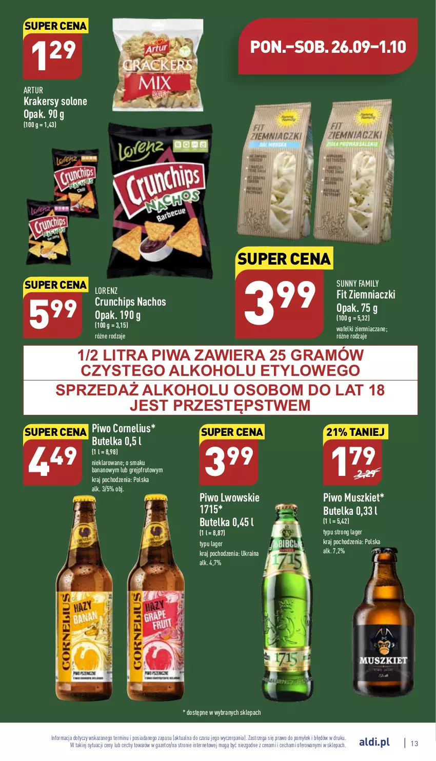 Gazetka promocyjna Aldi - Pełny katalog - ważna 26.09 do 01.10.2022 - strona 13 - produkty: Artur, Crunchips, Fa, Gra, Grejpfrut, Krakersy, Lorenz, Mus, Piwa, Piwo