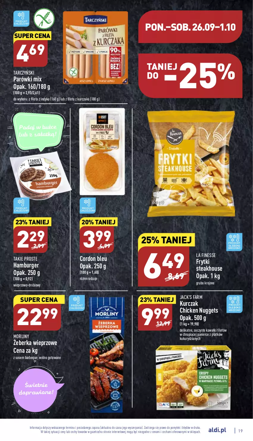 Gazetka promocyjna Aldi - Pełny katalog - ważna 26.09 do 01.10.2022 - strona 19 - produkty: Burger, Cordon Bleu, Fa, Frytki, Hamburger, Kawa, Kurczak, Morliny, Parówki, Sałat, Sos, Tarczyński