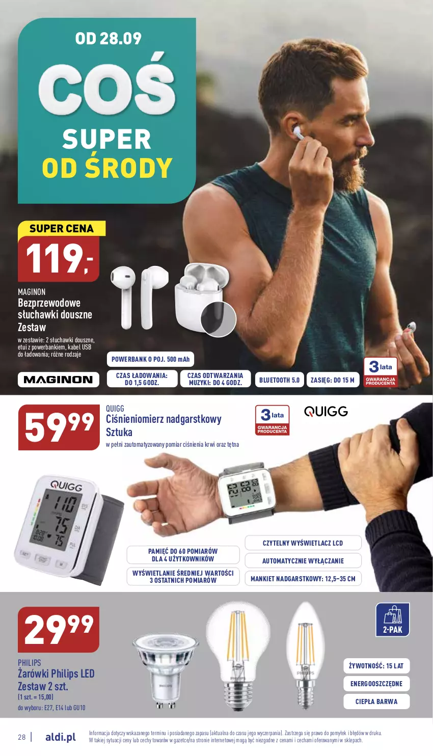 Gazetka promocyjna Aldi - Pełny katalog - ważna 26.09 do 01.10.2022 - strona 28 - produkty: Ciśnieniomierz, Gin, Kabel USB, Philips, Powerbank, Słuchawki