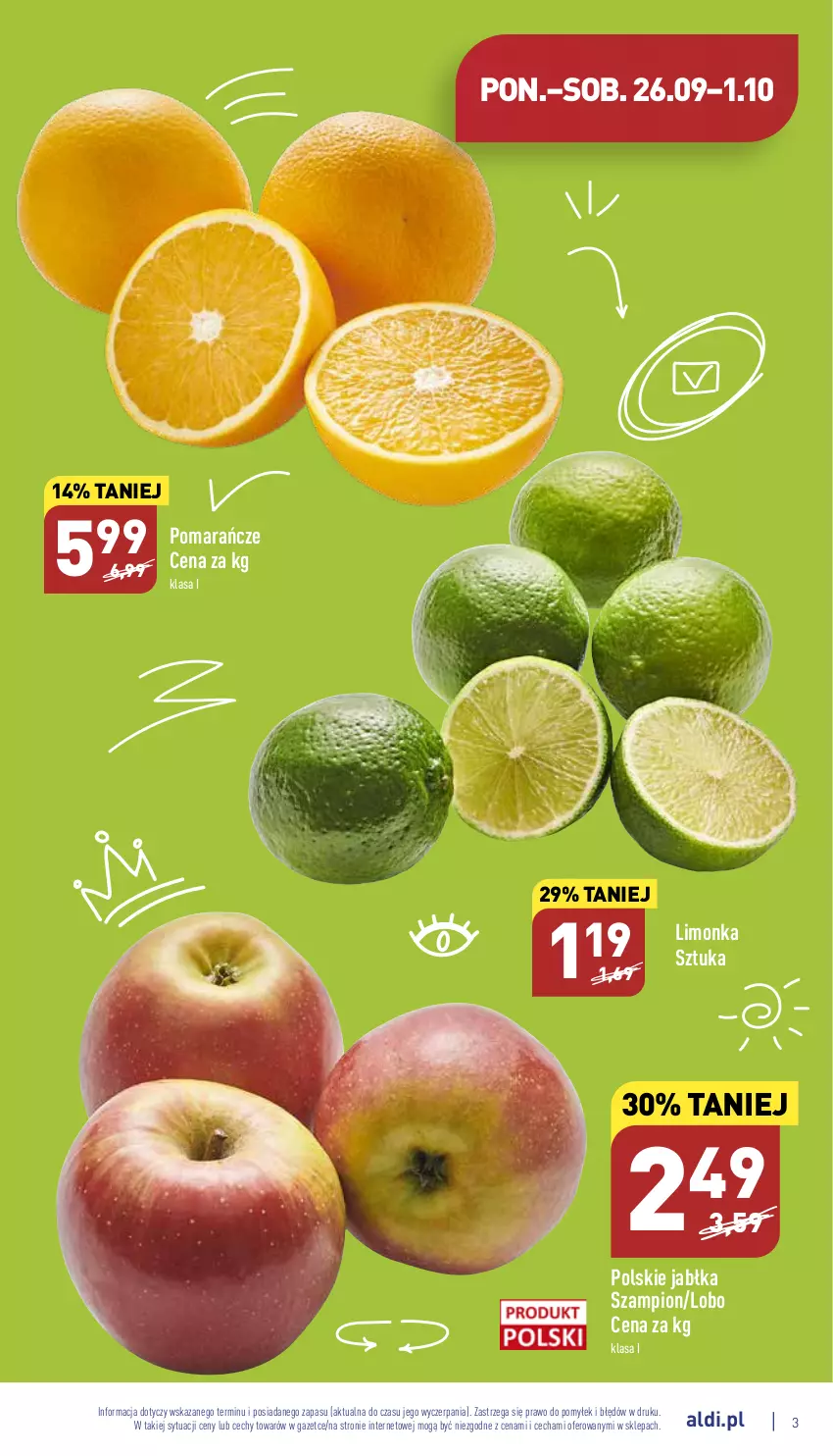 Gazetka promocyjna Aldi - Pełny katalog - ważna 26.09 do 01.10.2022 - strona 3 - produkty: Jabłka, Limonka, Pomarańcze, Szampion