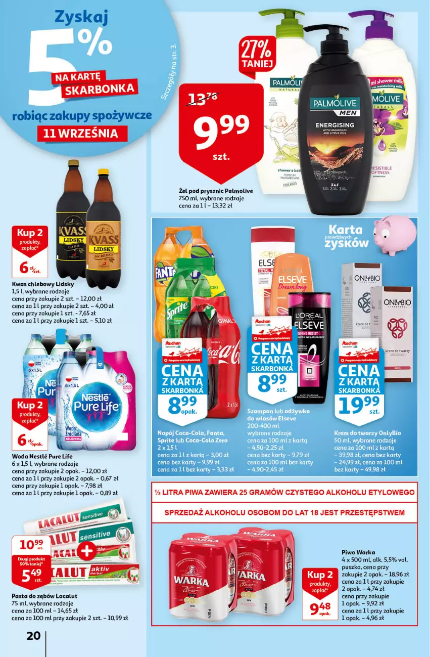 Gazetka promocyjna Auchan - Odkryj z nami regionalne smaki Hipermarkety - ważna 09.09 do 15.09.2021 - strona 20 - produkty: Chleb, Gra, Krem do twarzy, Lacalut, Palmolive, Pasta do zębów, Piwa, Piwo, Pur, Warka, Woda