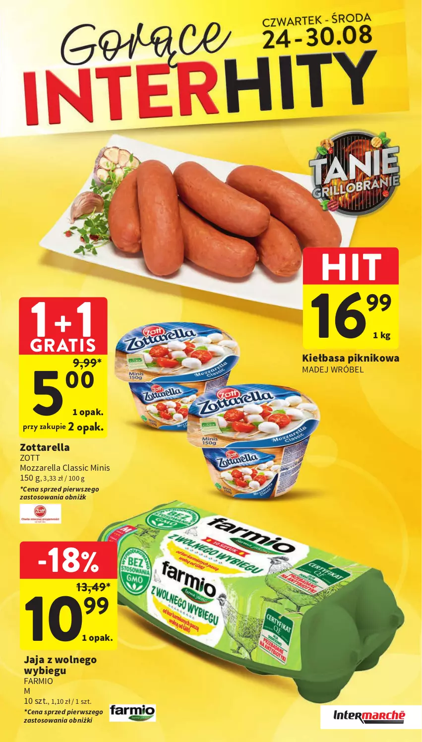 Gazetka promocyjna Intermarche - Gazetka Intermarche - ważna 24.08 do 30.08.2023 - strona 4 - produkty: Fa, Gra, Jaja, Jaja z wolnego wybiegu, Kiełbasa, Madej Wróbel, Mozzarella, Zott, Zottarella