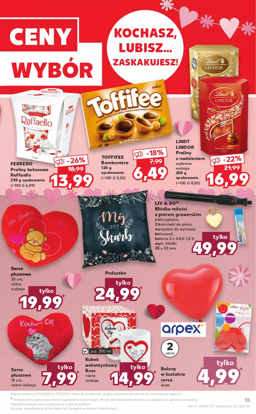 Gazetka promocyjna Kaufland - OFERTA TYGODNIA - ważna 03.02 do 09.02.2022 - strona 15 - produkty: Balony, Bomboniera, Fa, Ferrero, Gra, Kłódka, Koc, Kokos, Kubek, Lindor, Lindt, Poduszka, Praliny, Raffaello, Ser, Toffifee