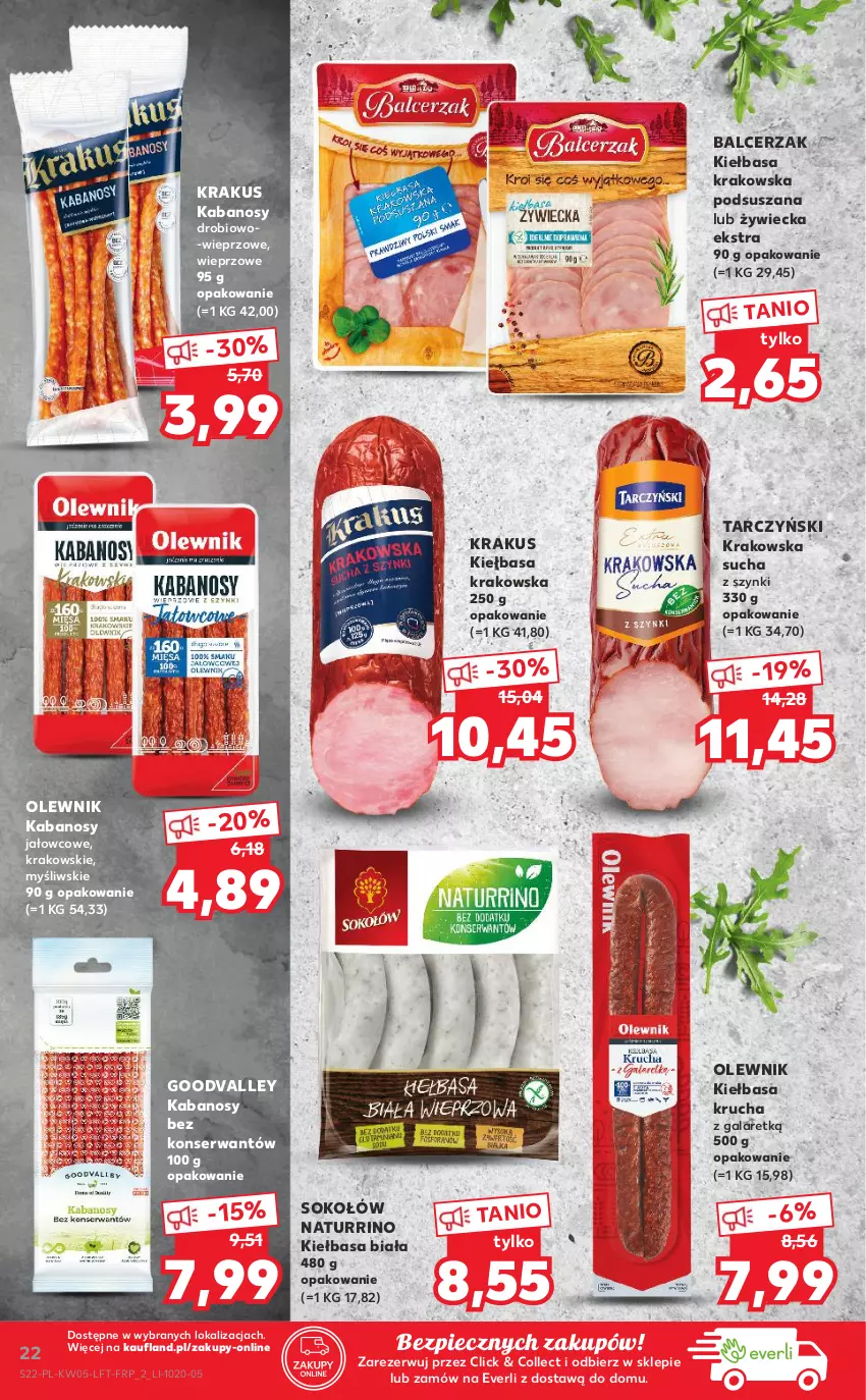 Gazetka promocyjna Kaufland - OFERTA TYGODNIA - ważna 03.02 do 09.02.2022 - strona 22 - produkty: Gala, Kabanos, Kiełbasa, Kiełbasa biała, Kiełbasa krakowska, Kiełbasa krucha, Krakus, Olewnik, Piec, Ser, Sok, Sokołów, Tarczyński