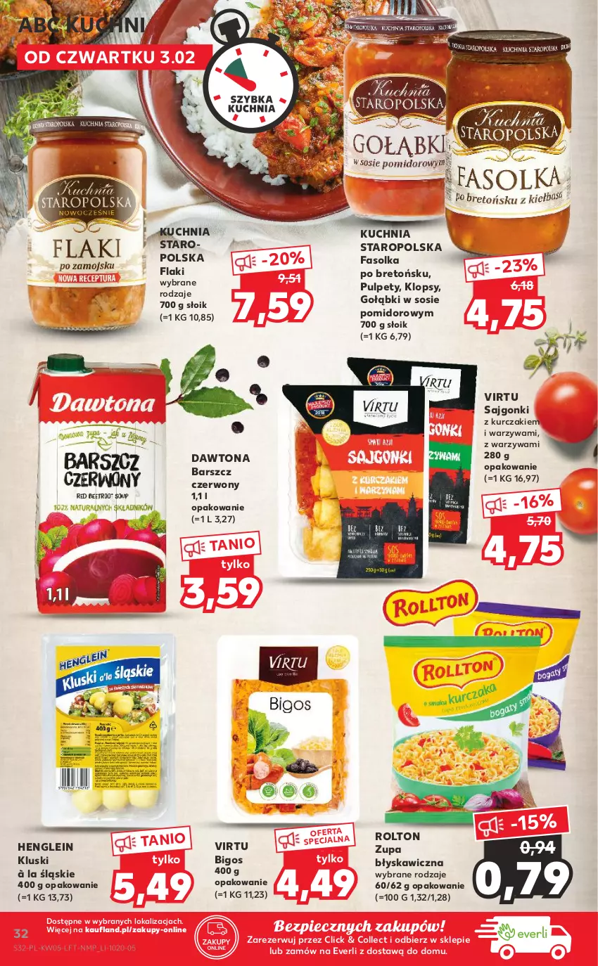 Gazetka promocyjna Kaufland - OFERTA TYGODNIA - ważna 03.02 do 09.02.2022 - strona 32 - produkty: Bigos, Dawtona, Fa, Flaki, Kuchnia, Kuchnia Staropolska, Kurczak, Piec, Pulpety, Sajgonki, Sos, Virtu, Warzywa, Zupa