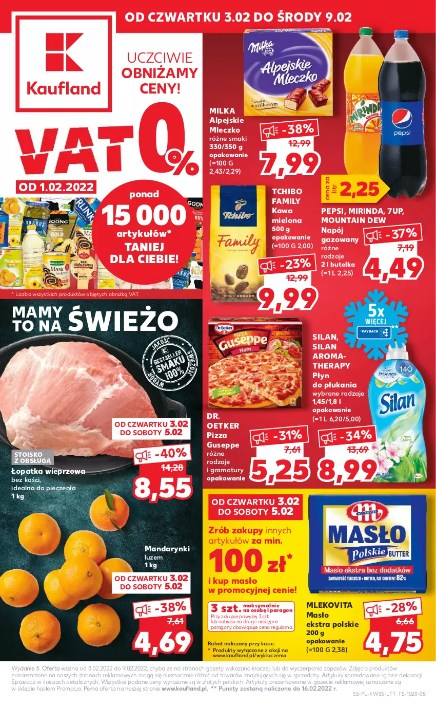 Gazetka promocyjna Kaufland - OFERTA TYGODNIA - ważna 03.02 do 09.02.2022 - strona 5 - produkty: 7up, Dr. Oetker, Fa, Gra, Kawa, Kawa mielona, Mandarynki, Masło, Milka, Mirinda, Mleczko, Mleko, Mlekovita, Napój, Pepsi, Piec, Pizza, Płyn do płukania, Rama, Silan, Tchibo, Tchibo Family