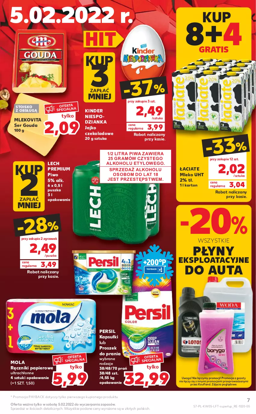 Gazetka promocyjna Kaufland - OFERTA TYGODNIA - ważna 03.02 do 09.02.2022 - strona 7 - produkty: Gouda, Gra, Kinder, Lech Premium, Mleko, Mlekovita, Mola, Papier, Persil, Piwa, Piwo, Proszek do prania, Ręcznik, Ręczniki papierowe, Ser, Waga