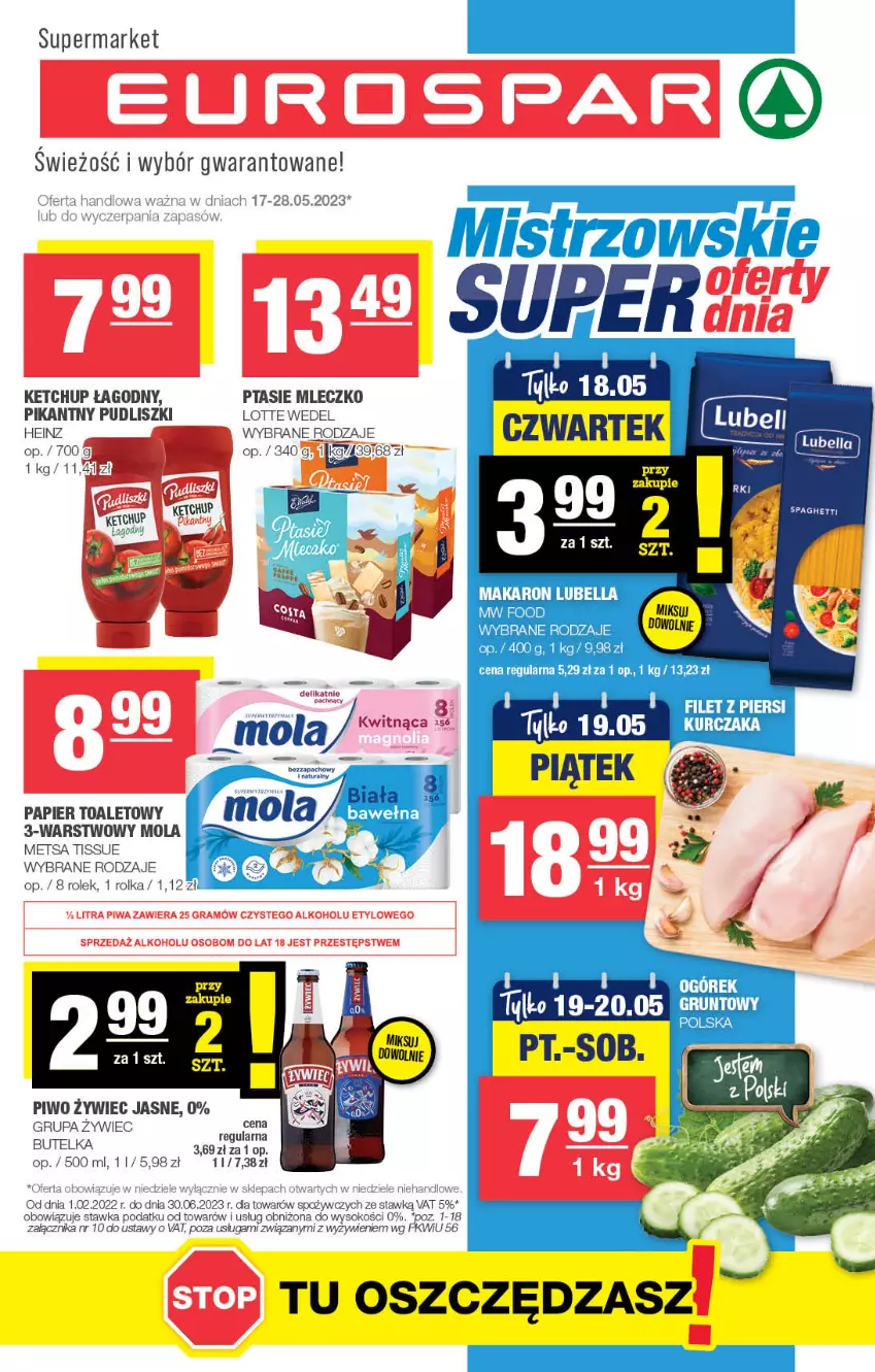 Gazetka promocyjna Spar - EuroSpar - ważna 14.05 do 24.05.2023 - strona 1 - produkty: Bell, Bella, Gra, Heinz, Ketchup, Lubella, Makaron, Mleczko, Mola, Papier, Papier toaletowy, Piwo, Ptasie mleczko, Pudliszki, Sok, Spaghetti, Surf, Tago