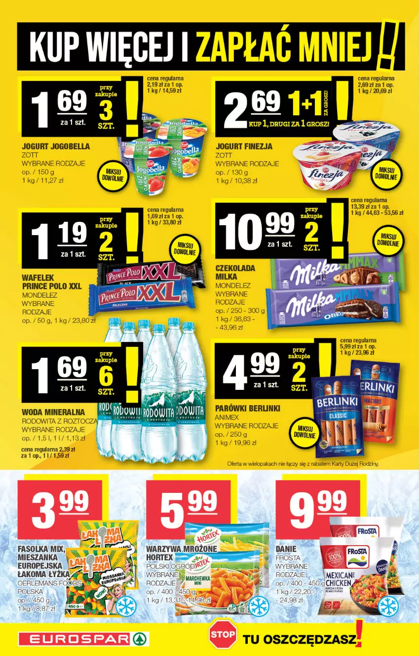 Gazetka promocyjna Spar - EuroSpar - ważna 14.05 do 24.05.2023 - strona 10 - produkty: Bell, Bella, Berlinki, Czekolada, Fa, Frosta, Hortex, Jogobella, Jogurt, Milka, Parówki, Prince Polo, Wafelek, Woda, Woda mineralna, Zott