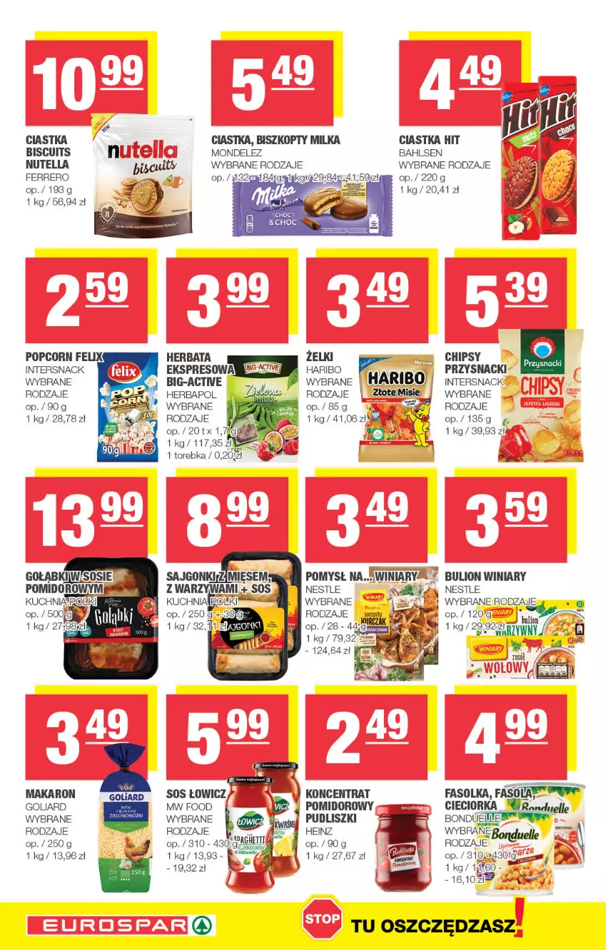 Gazetka promocyjna Spar - EuroSpar - ważna 14.05 do 24.05.2023 - strona 12 - produkty: Biszkopty, Bonduelle, Bulion, Chipsy, Ciastka, Cieciorka, Fa, Ferrero, Goliard, Heinz, Herbapol, Herbata, Klej, Kuchnia, Lion, Makaron, Milka, Nutella, Orka, Przysnacki, Pudliszki, Ryż, Sajgonki, Sos, Torebka, Warzywa, Winiary