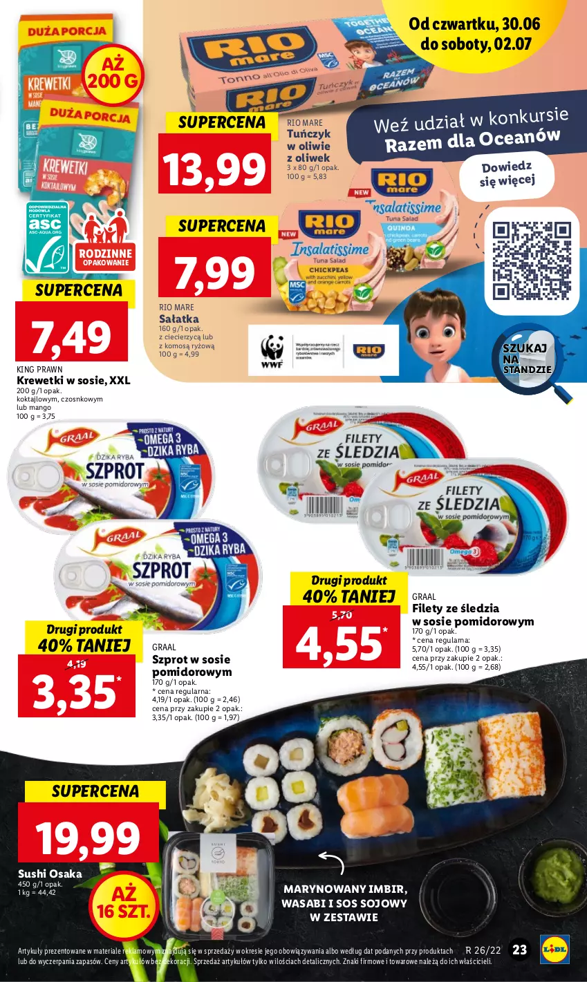 Gazetka promocyjna Lidl - GAZETKA - ważna 30.06 do 02.07.2022 - strona 23 - produkty: Gra, Graal, Imbir, Krewetki, Mango, Rio Mare, Ryż, Sałat, Sałatka, Sos, Sos sojowy, Sushi, Szprot, Szprot w sosie, Tuńczyk, Wasa