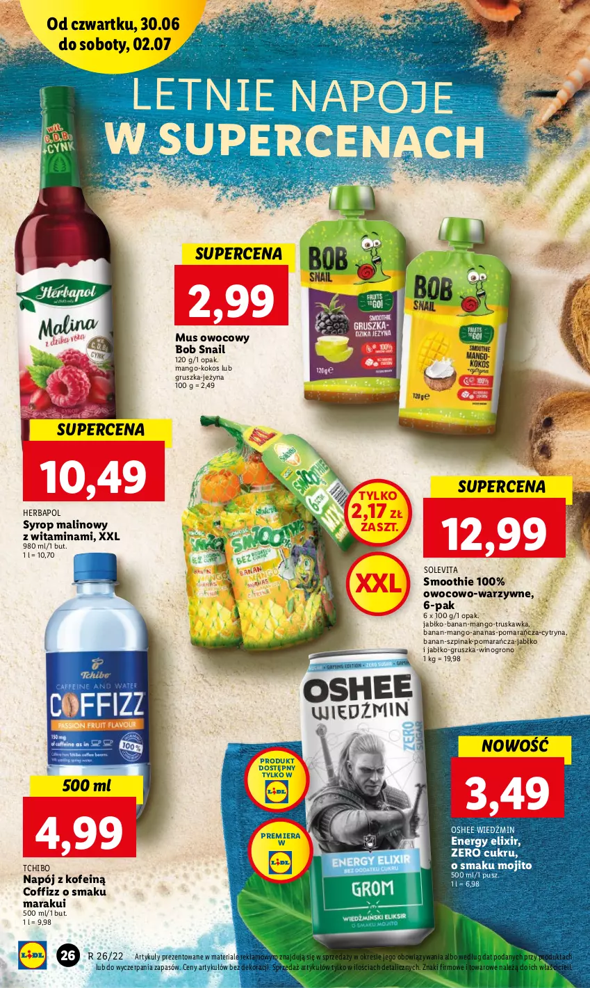 Gazetka promocyjna Lidl - GAZETKA - ważna 30.06 do 02.07.2022 - strona 26 - produkty: Ananas, Herbapol, Kokos, Mango, Mus, Napój, Napoje, Oshee, Smoothie, Syrop, Szpinak, Tchibo, Wino