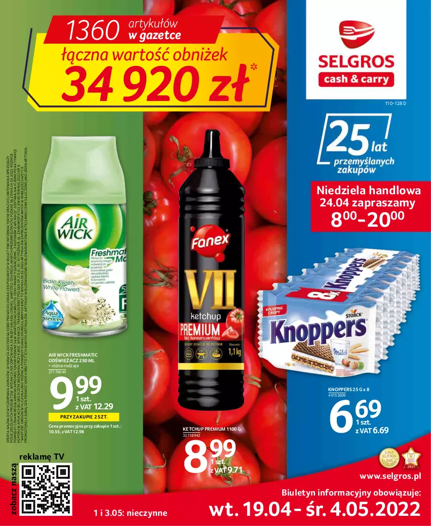 Gazetka promocyjna Selgros - Oferta spożywcza - ważna 19.04 do 04.05.2022 - strona 1 - produkty: Air Wick, Cień, Fa, Ketchup, Knoppers, LG, Tran