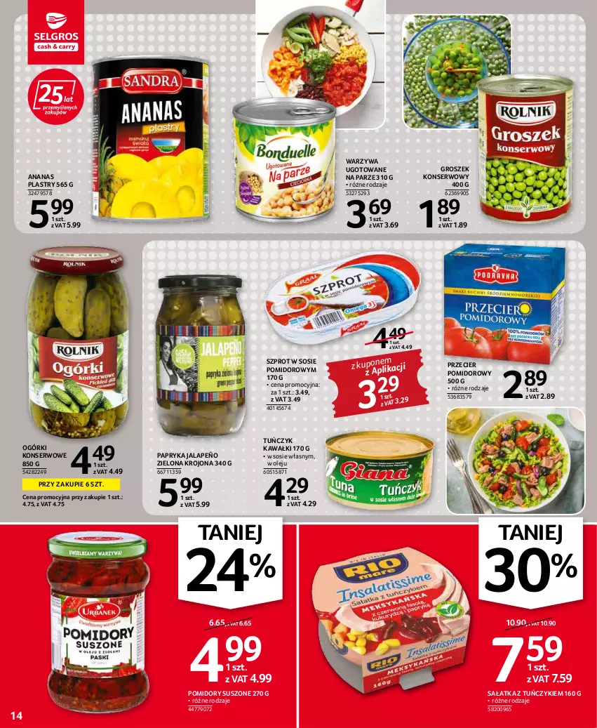 Gazetka promocyjna Selgros - Oferta spożywcza - ważna 19.04 do 04.05.2022 - strona 14 - produkty: Ananas, Groszek, Kawa, Ogórki konserwowe, Olej, Papryka, Papryka jalapeño, Pomidory, Sałat, Sałatka, Ser, Sos, Szprot, Szprot w sosie, Tuńczyk, Warzywa