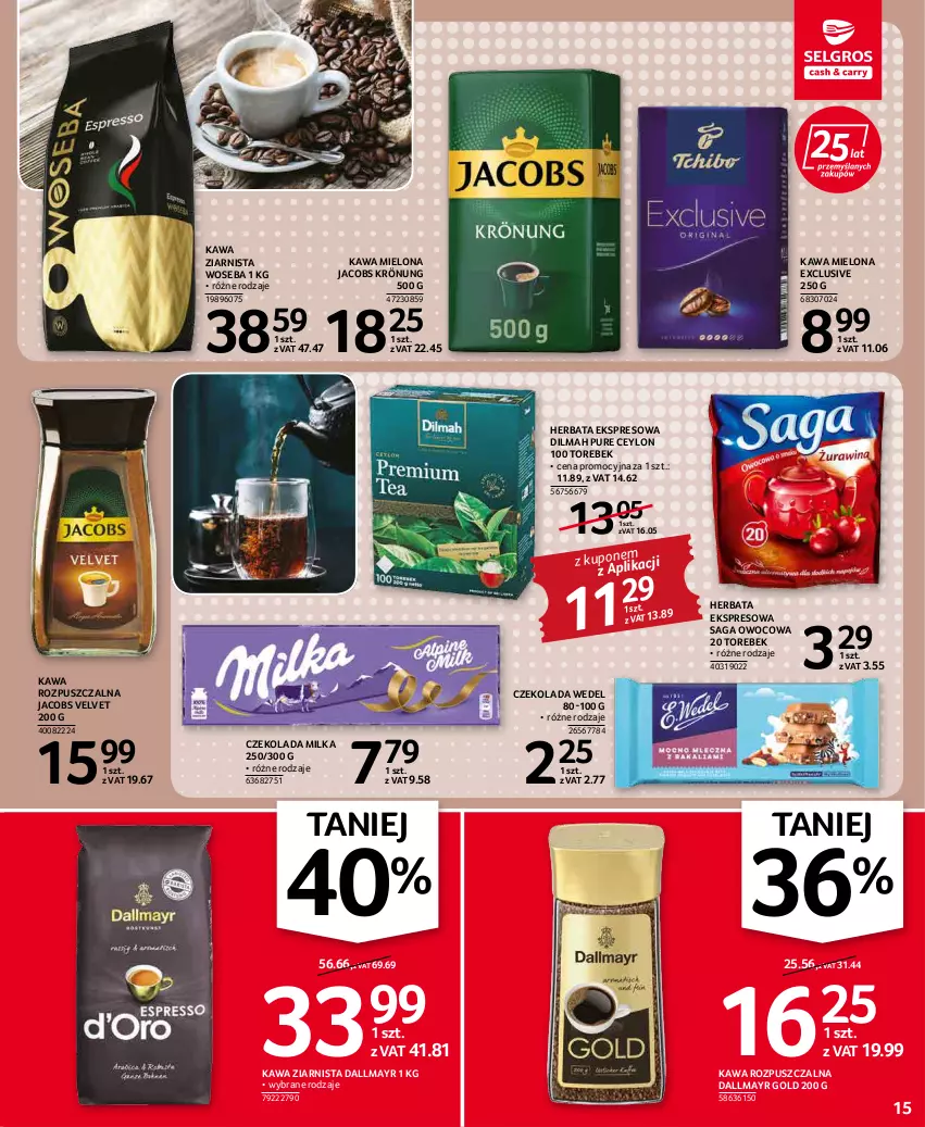 Gazetka promocyjna Selgros - Oferta spożywcza - ważna 19.04 do 04.05.2022 - strona 15 - produkty: Czekolada, Dallmayr, Dilmah, Herbata, Jacobs, Jacobs Krönung, Jacobs Velvet, Kawa, Kawa mielona, Kawa rozpuszczalna, Kawa ziarnista, Milka, Pur, Saga, Velvet, Woseba