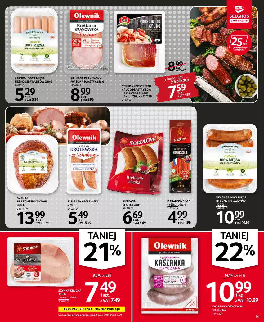 Gazetka promocyjna Selgros - Oferta spożywcza - ważna 19.04 do 04.05.2022 - strona 5 - produkty: Gry, Kabanos, Kasza, Kaszanka, Kiełbasa, Kiełbasa krakowska, Kiełbasa śląska, Parówki, Prosciutto, Ser, Szynka