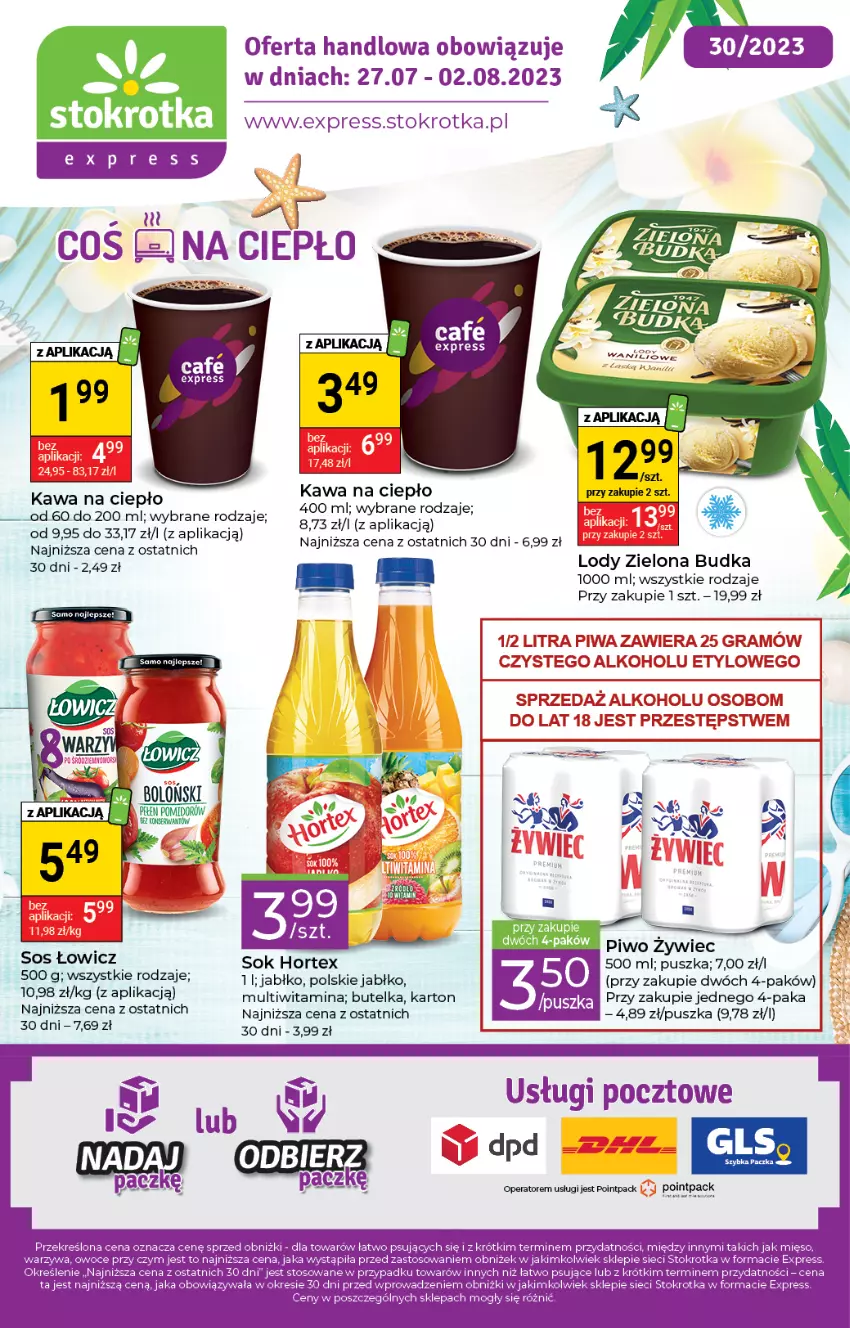 Gazetka promocyjna Stokrotka - Stokrotka Express - ważna 27.07 do 02.08.2023 - strona 1 - produkty: Hortex, Kawa, Lody, Piwo, Sok, Sos, Zielona Budka