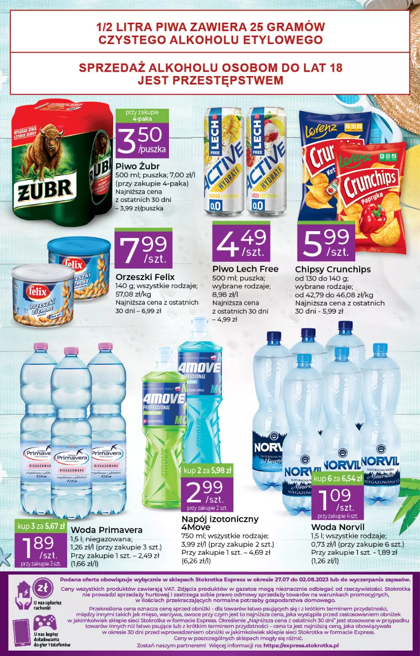 Gazetka promocyjna Stokrotka - Stokrotka Express - ważna 27.07 do 02.08.2023 - strona 3 - produkty: Chipsy, Crunchips, Felix, Gra, Mięso, Napój, Napój izotoniczny, Orzeszki, Owoce, Piwa, Piwo, Prima, Primavera, Telefon, Warzywa, Woda